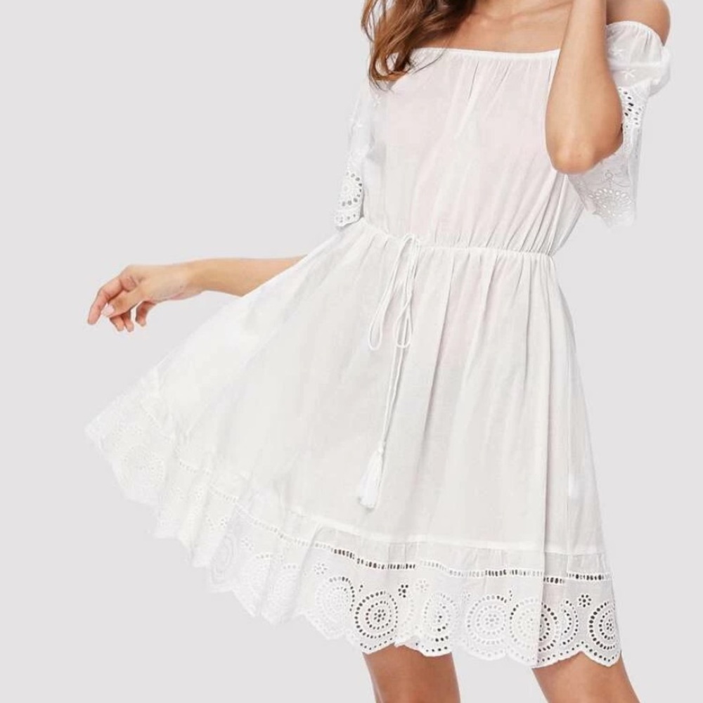 NWT Drawstring Waist Eyelet Embroidered Bardot Dress